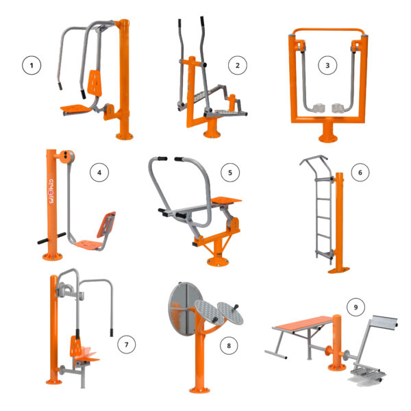 Outdoor Gym Combo Sales Push chair, Crosstrainer, Air walker, Leg stretcher, Rower, Ladder, Integration butterfly disabled, Tai chi & arm wheel, Bench & back extensions.