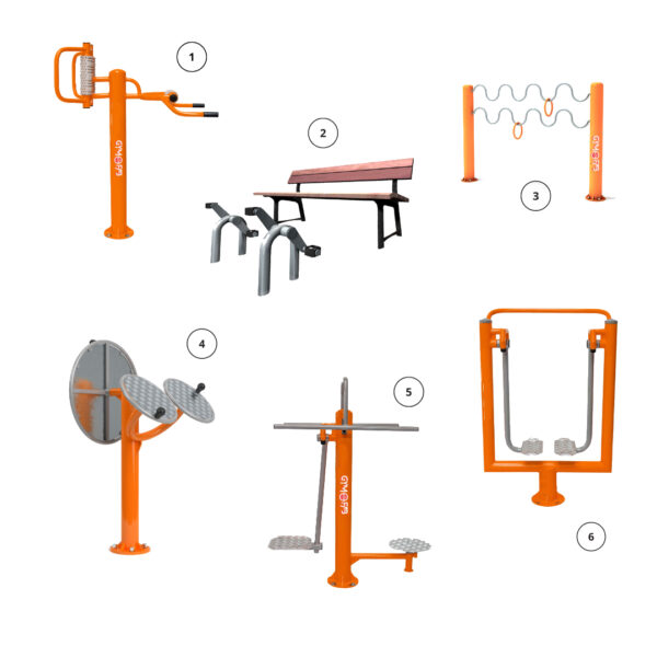 Vertical & horizontal massager, Bench with pedals, Coordinator, Tai chi & arm wheel, Twister & surfer, Air walker.